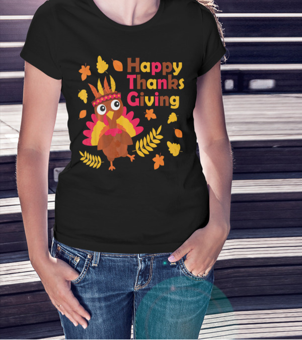 Happy Thanksgiving Cute Turkey With Native American Inspired Details And Autumn Leaves T-Shirt