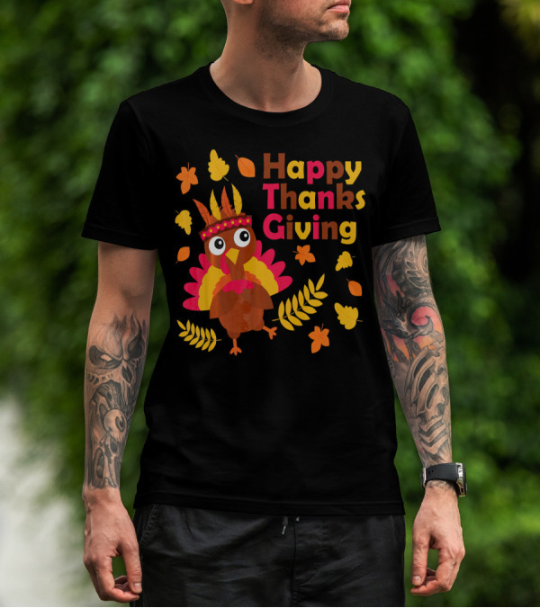 Happy Thanksgiving Cute Turkey With Native American Inspired Details And Autumn Leaves T-Shirt