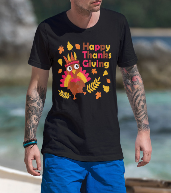 Happy Thanksgiving Cute Turkey With Native American Inspired Details And Autumn Leaves T-Shirt