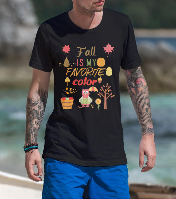 Fall Is My Favorite Color Owl With Umbrella Autumn Harvest Leaves Pumpkin Acorn T-Shirt