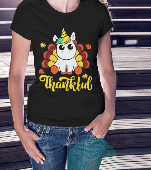 Thankful Thanksgiving Unicorn Turkey Cut T-Shirt