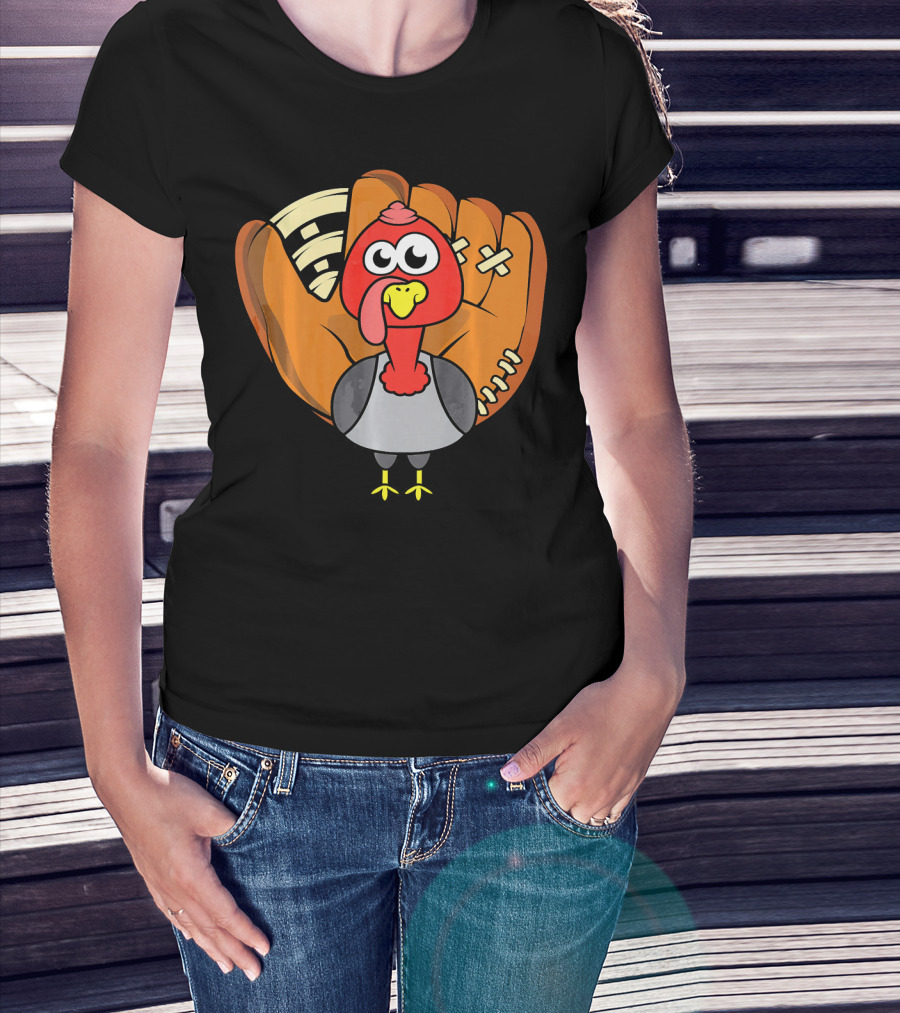 Turkey Day Cute Thanksgiving Boys Turkey With Baseball Glove T-Shirt