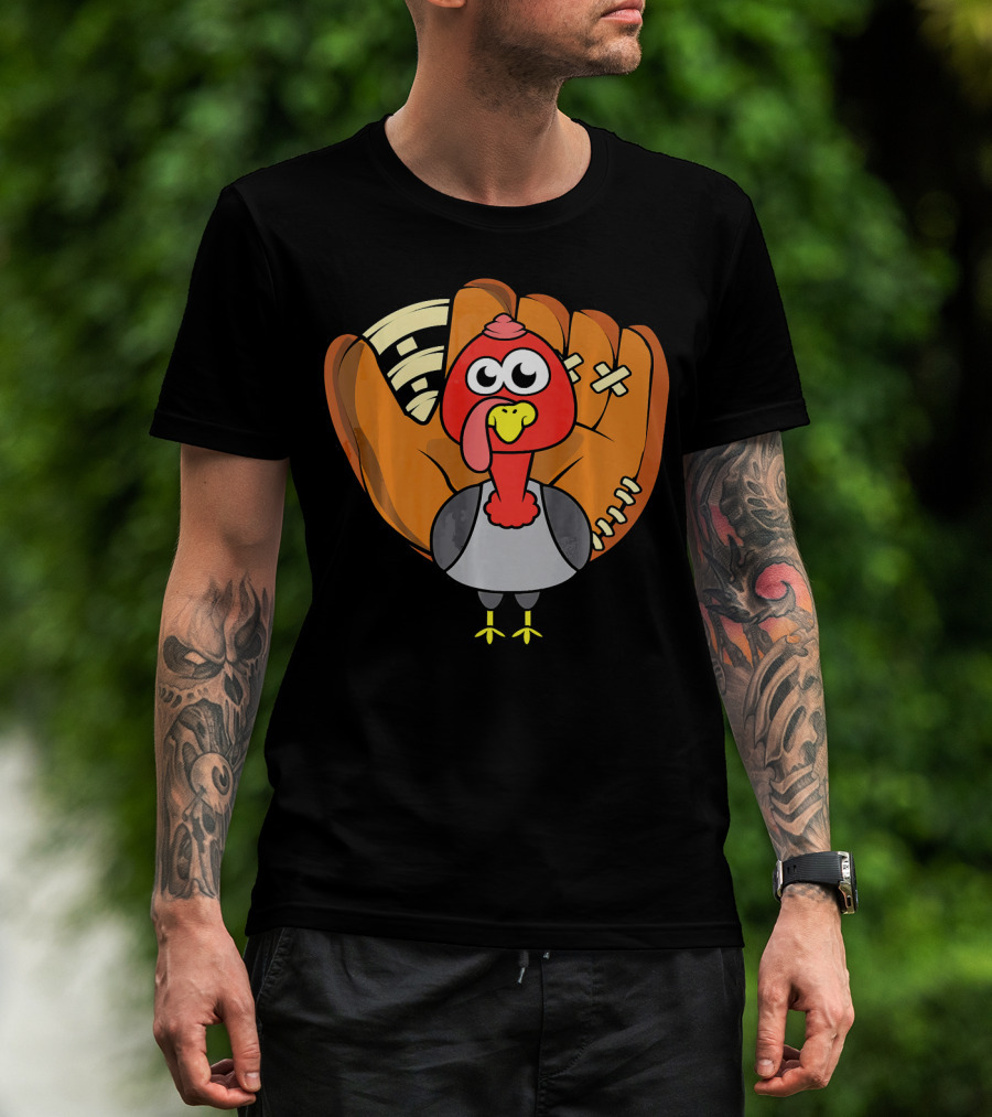Turkey Day Cute Thanksgiving Boys Turkey With Baseball Glove T-Shirt