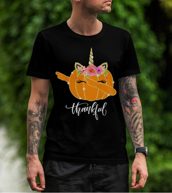 Thankful Dabbing Pumpkin Unicorn With Floral Crown T-Shirt