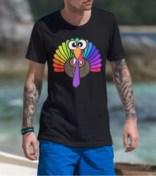 Turkey Face Tie Thanksgiving Colorful Feathers T-Shirt