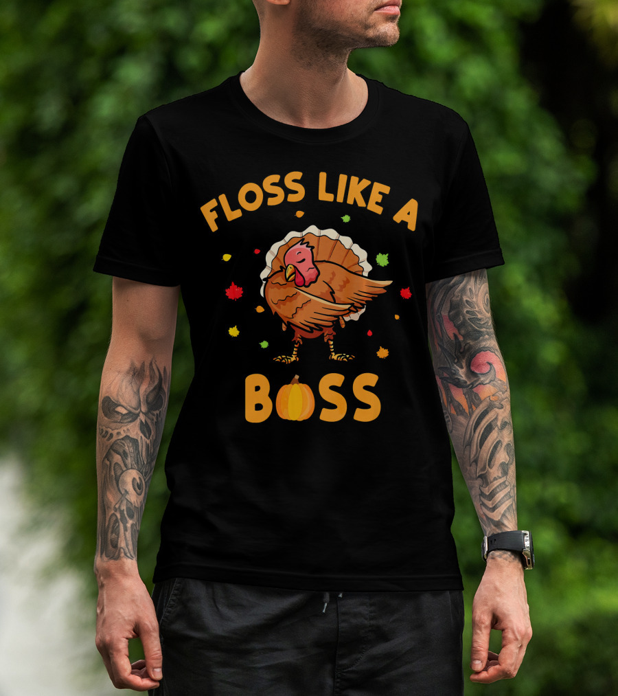 FLOSS LIKE A BOSS Dancing Turkey With Pumpkin And Leaves T-Shirt