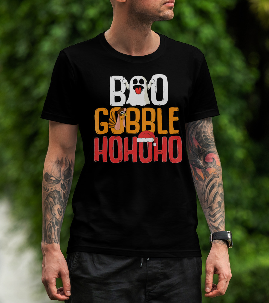 BOO GOBBLE HOHOHO Ghost Turkey Santa Hat T-Shirt