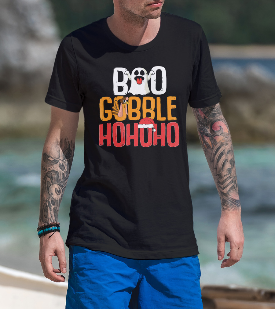 BOO GOBBLE HOHOHO Ghost Turkey Santa Hat T-Shirt