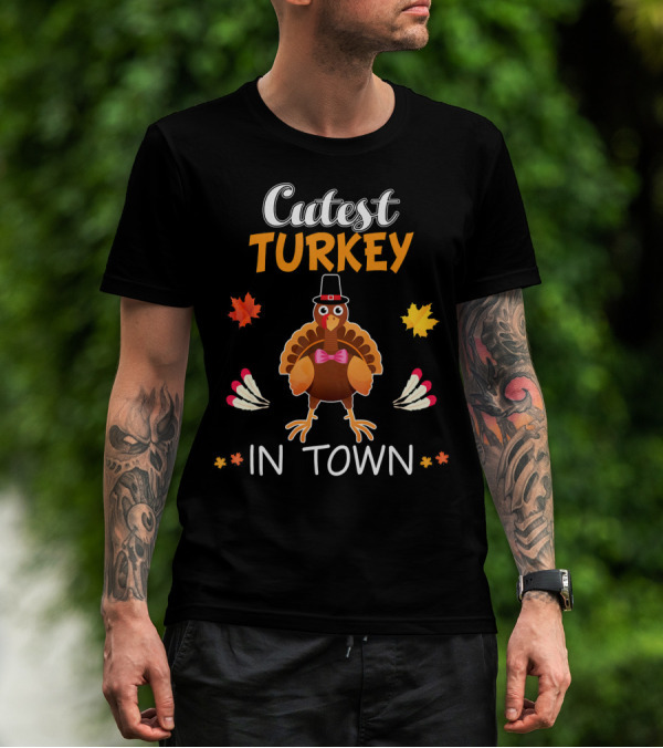Cutest Turkey In Town Cute Turkey Fall Leaves Bowtie T-Shirt