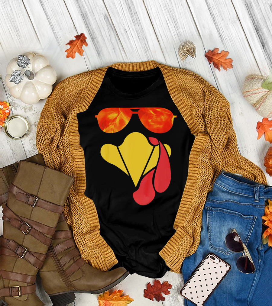 Turkey Face Thanksgiving Sunglasses Fire Flame T-Shirt