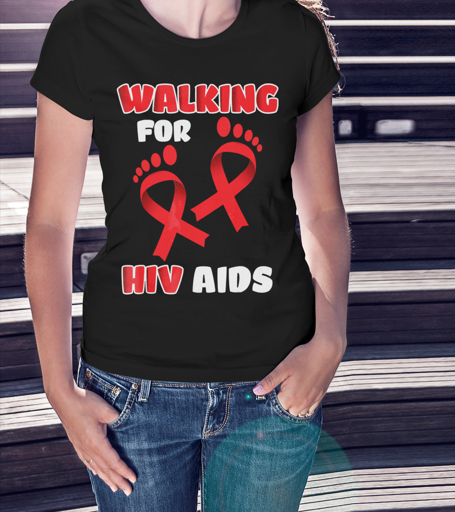 Walking For Hiv Aids Awareness With Red Ribbon Footprint T-Shirt