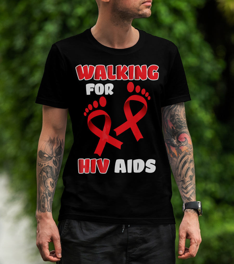 Walking For Hiv Aids Awareness With Red Ribbon Footprint T-Shirt