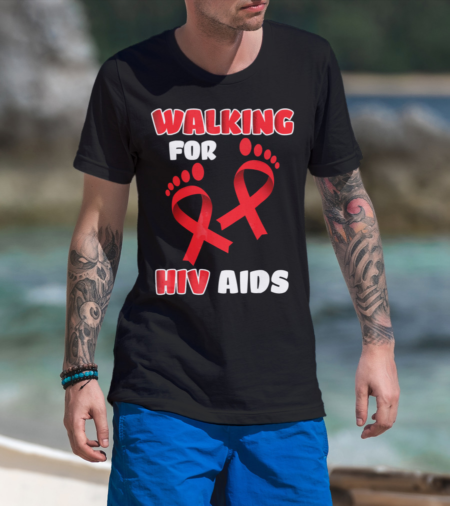 Walking For Hiv Aids Awareness With Red Ribbon Footprint T-Shirt