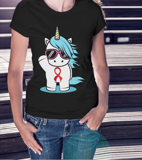 Unicorn With Sunglasses Red Ribbon Aids Awareness HIV Stigma Support T-Shirt