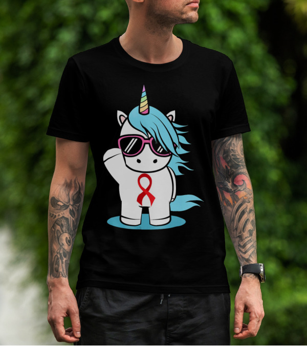 Unicorn With Sunglasses Red Ribbon Aids Awareness HIV Stigma Support T-Shirt