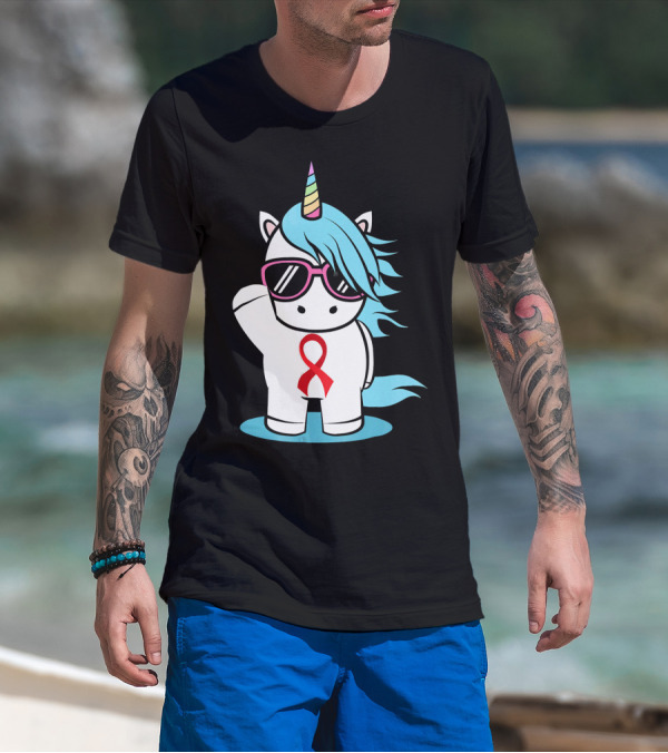 Unicorn With Sunglasses Red Ribbon Aids Awareness HIV Stigma Support T-Shirt