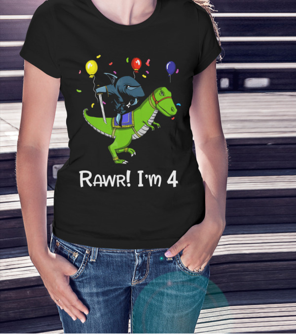 Shark Ninja Riding Dinosaur Rawr I'm 4 Birthday Celebration Balloons T-Shirt