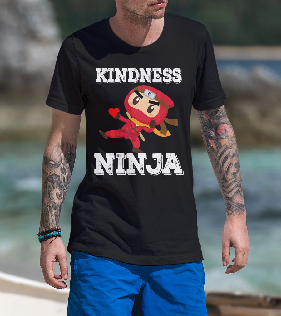Kindness Ninja Cute Anti Bullying Funny Red Heart Cartoon Character T-Shirt
