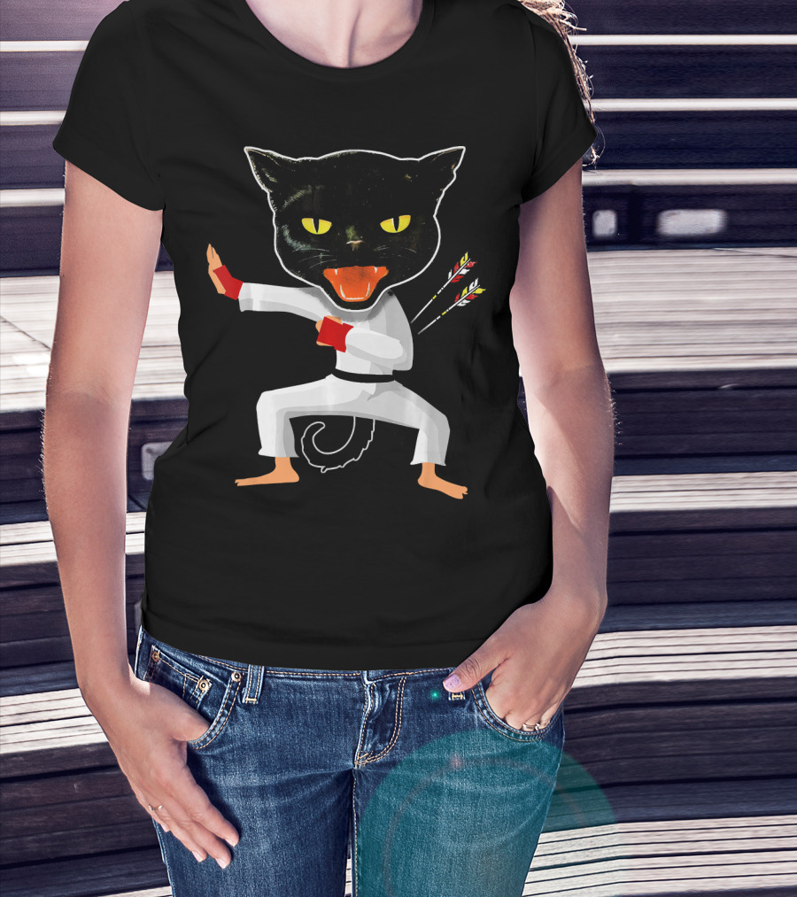 Ninja Cat Karate Master With Yellow Eyes And Arrow Struck Cloak T-Shirt