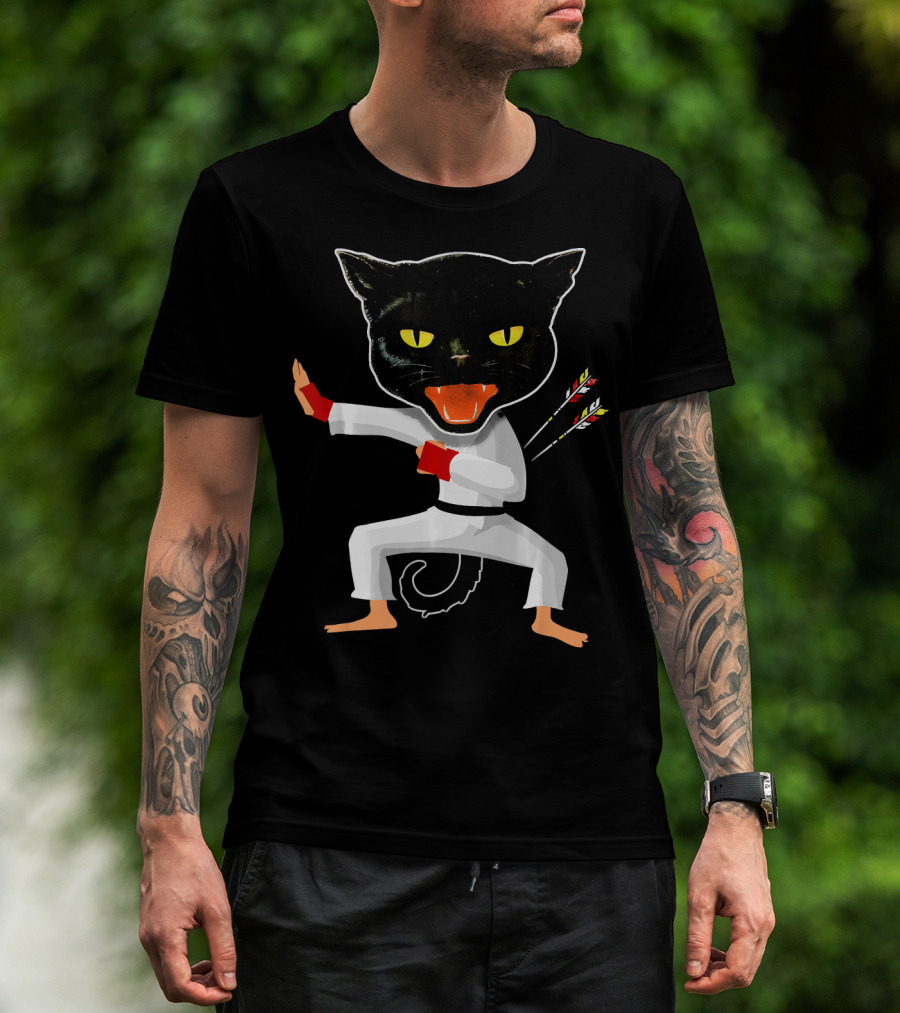 Ninja Cat Karate Master With Yellow Eyes And Arrow Struck Cloak T-Shirt