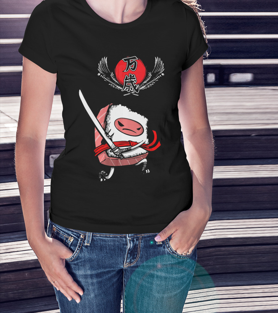 Japanese Ninja Sushi Samurai With Sword And Red Sun Kanji T-Shirt