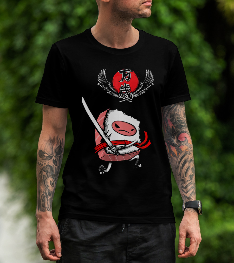 Japanese Ninja Sushi Samurai With Sword And Red Sun Kanji T-Shirt