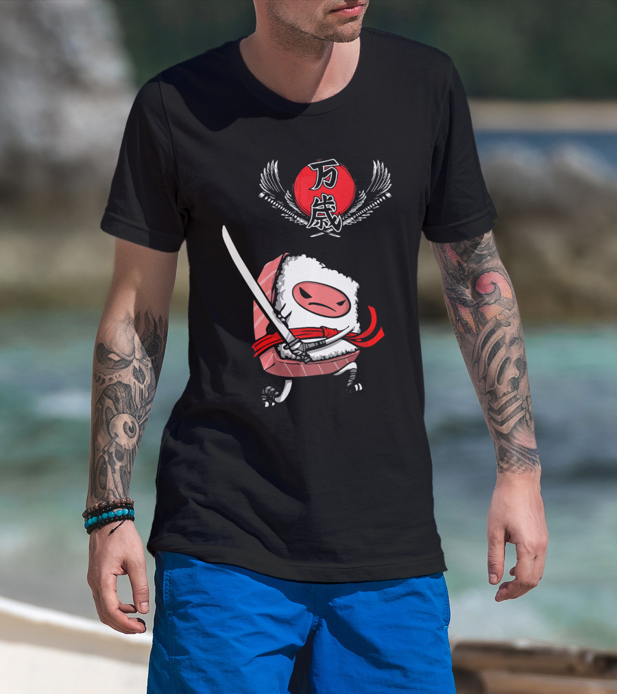 Japanese Ninja Sushi Samurai With Sword And Red Sun Kanji T-Shirt