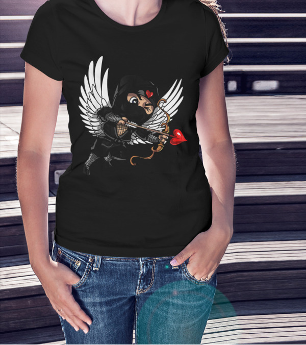 Ninja Cupid Valentine With Bow And Heart Arrow Angel Wings T-Shirt