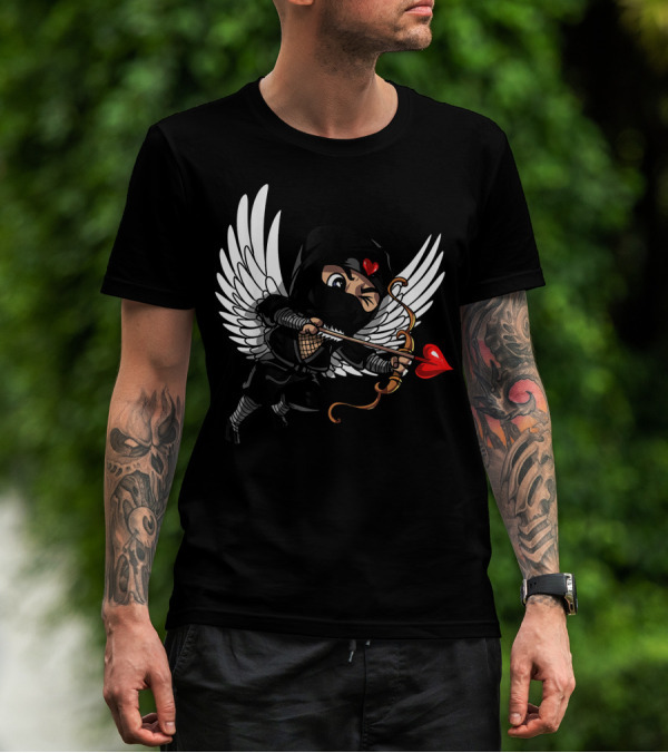 Ninja Cupid Valentine With Bow And Heart Arrow Angel Wings T-Shirt