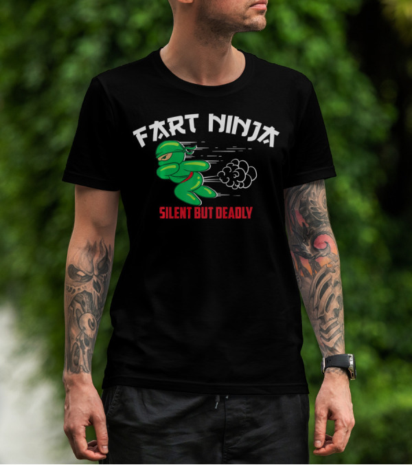 Fart Ninja Silent But Deadly Green Stealthy Figure With Cartoon Gas Cloud T-Shirt