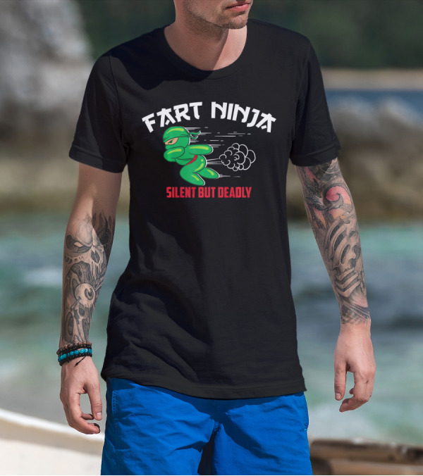 Fart Ninja Silent But Deadly Green Stealthy Figure With Cartoon Gas Cloud T-Shirt