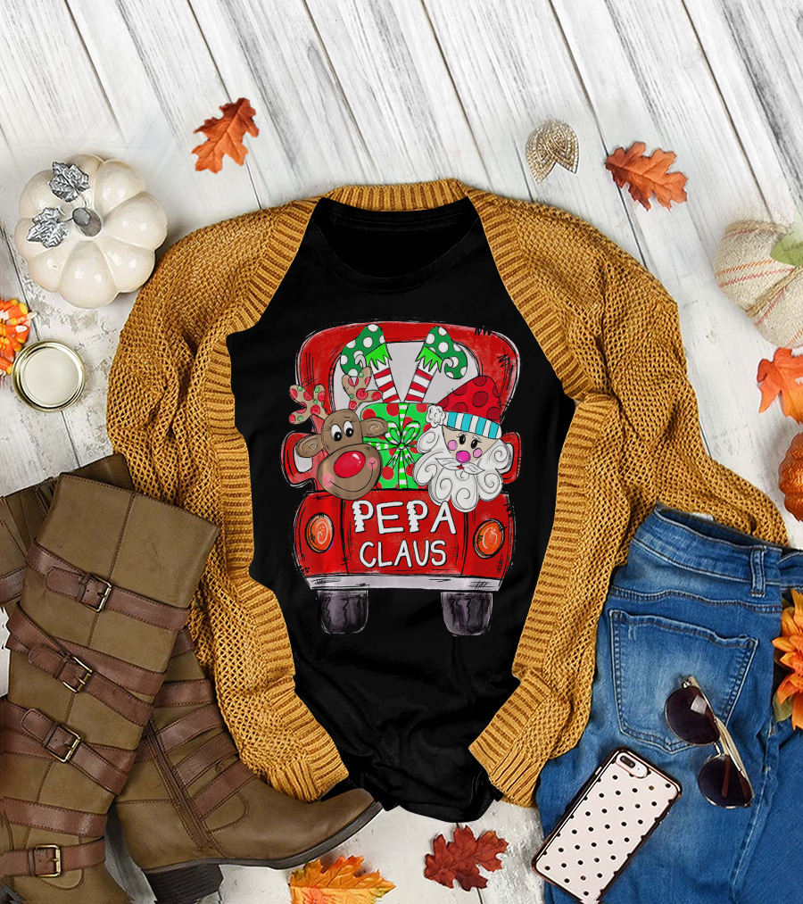 Pepa Claus Christmas Red Truck with Santa and Reindeer T-Shirt