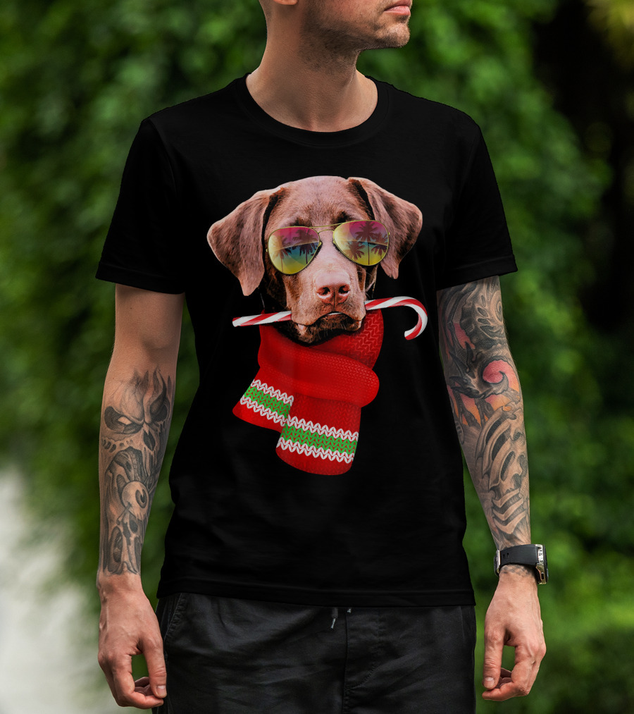 Christmas In July Labrador Sunglasses Candy Cane Scarf T-Shirt
