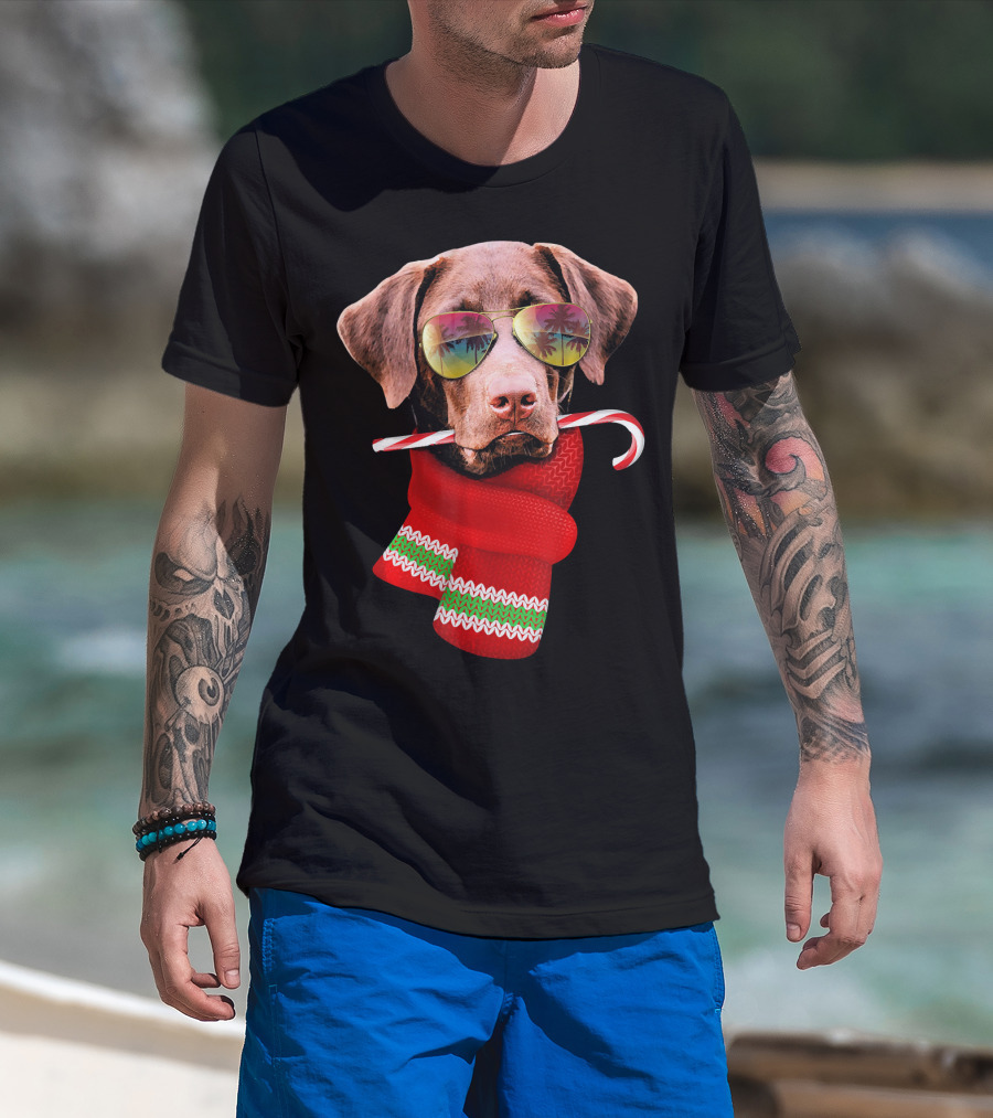 Christmas In July Labrador Sunglasses Candy Cane Scarf T-Shirt