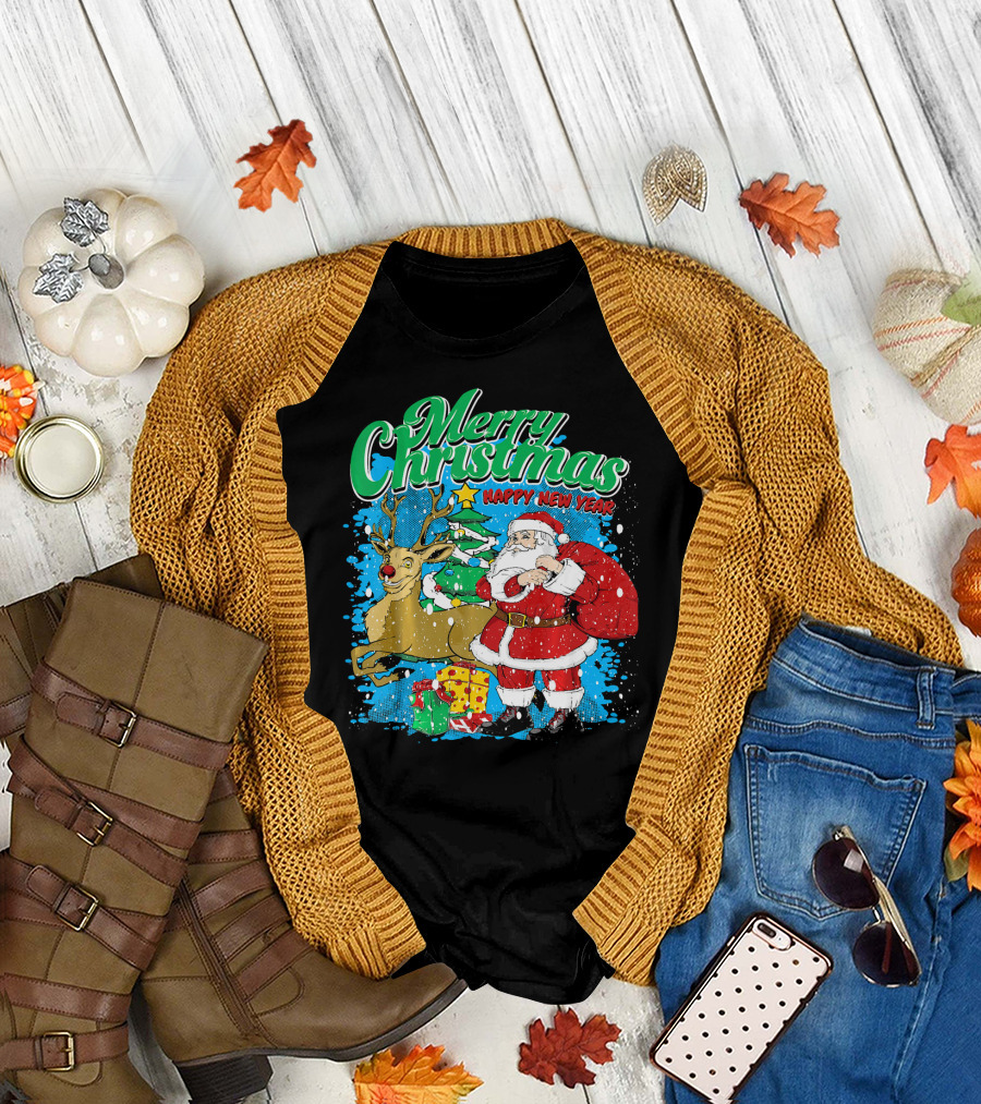 Merry Christmas Happy New Year Santa Claus Reindeer Presents T-Shirt