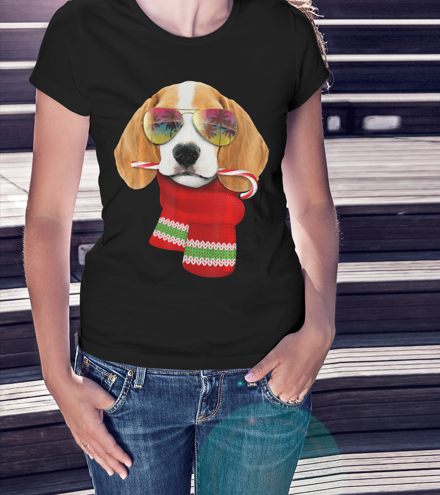 Christmas In July Beagle Sunglasses Candy Cane Scarf T-Shirt