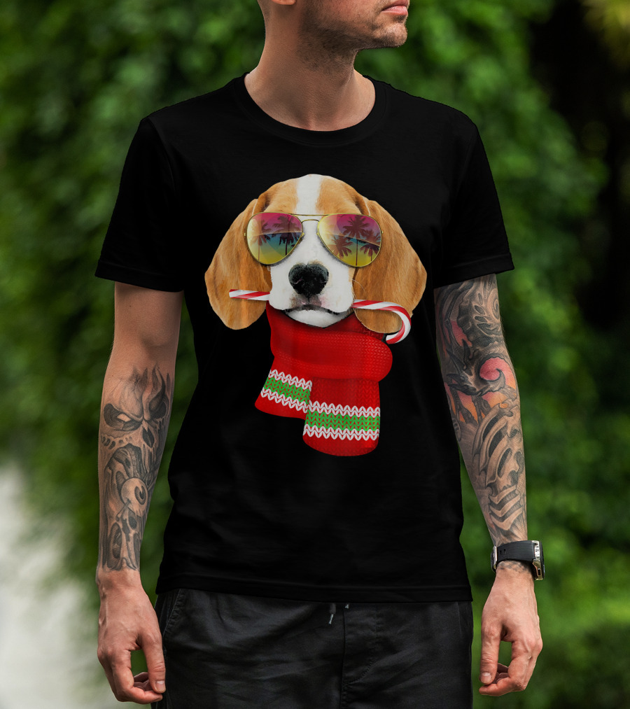 Christmas In July Beagle Sunglasses Candy Cane Scarf T-Shirt