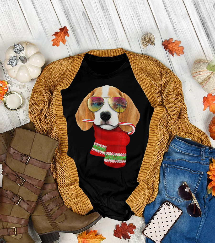 Christmas in July Beagle Sunglasses Candy Cane Scarf T-Shirt