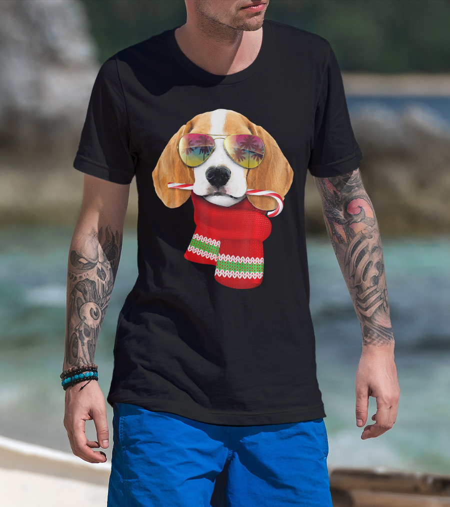 Christmas In July Beagle Sunglasses Candy Cane Scarf T-Shirt