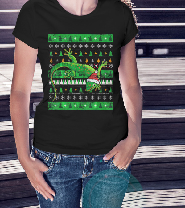 Ugly Christmas Lizard With Santa Hat And Holiday T-Shirt