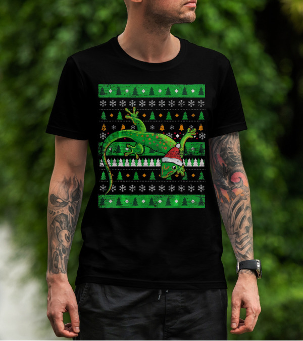 Ugly Christmas Lizard With Santa Hat And Holiday T-Shirt