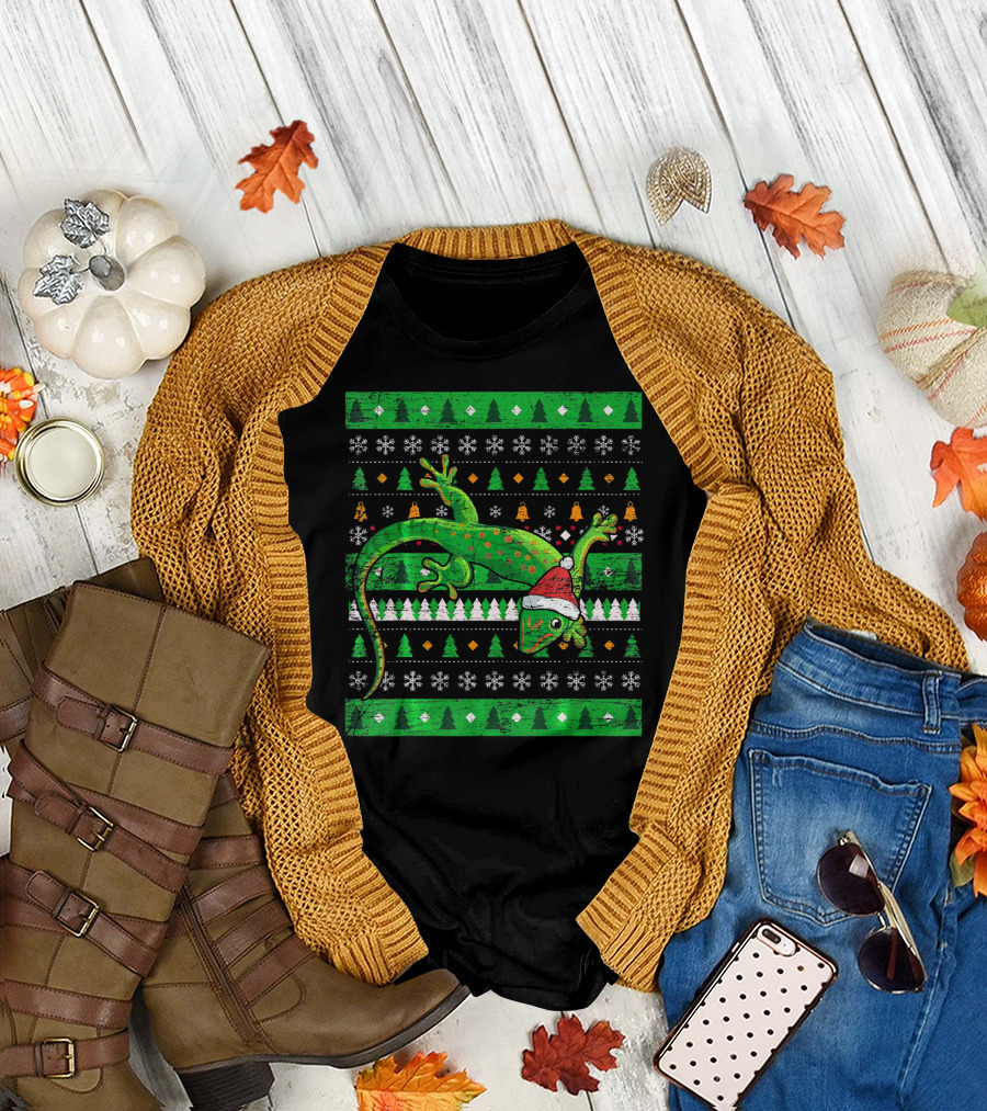 Ugly Christmas Lizard with Santa Hat and Holiday T-Shirt