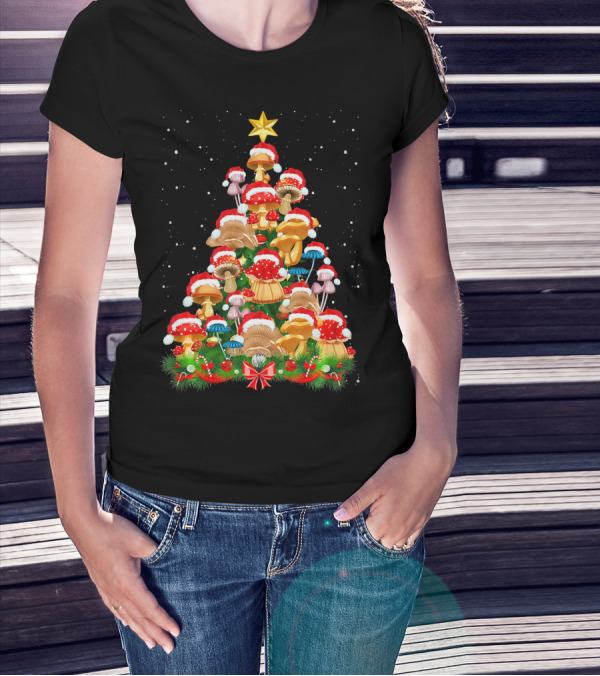 Mushroom Christmas Tree With Santa Hats And Snowflakes For Garden Lovers T-Shirt