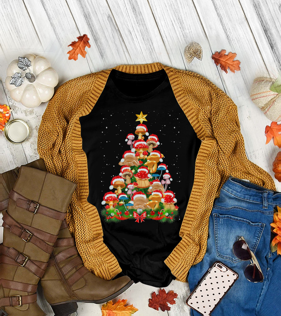 Mushroom Christmas Tree with Santa Hats and Snowflakes for Garden Lovers T-Shirt