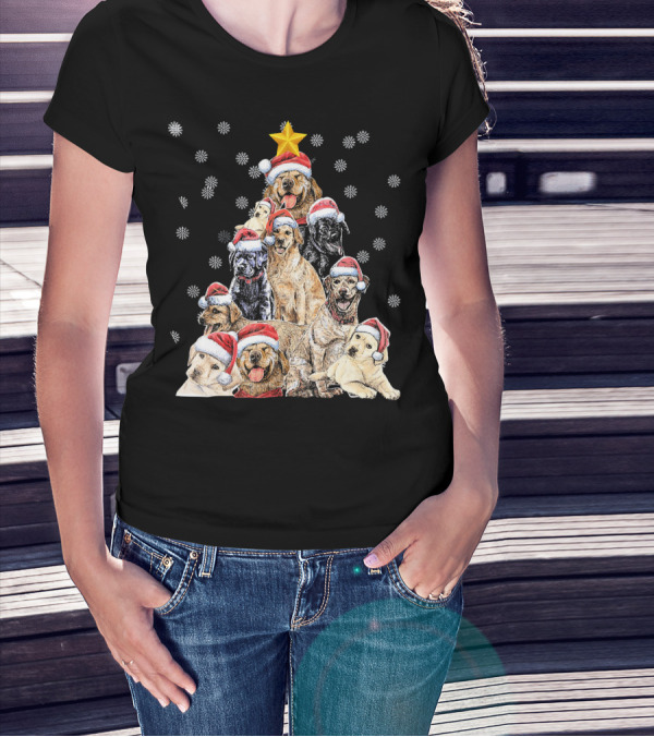 Labrador Puppies With Santa Hats Forming A Christmas Tree With Star And Snowflakes T-Shirt