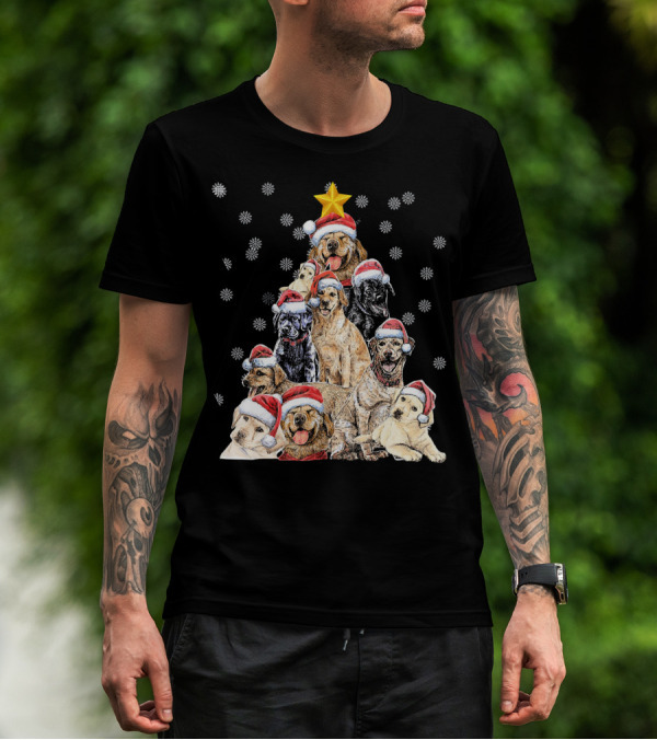Labrador Puppies With Santa Hats Forming A Christmas Tree With Star And Snowflakes T-Shirt