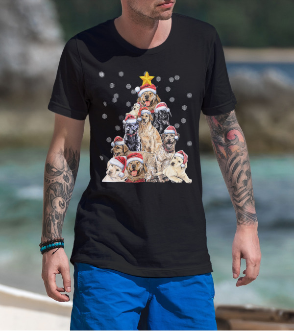 Labrador Puppies With Santa Hats Forming A Christmas Tree With Star And Snowflakes T-Shirt