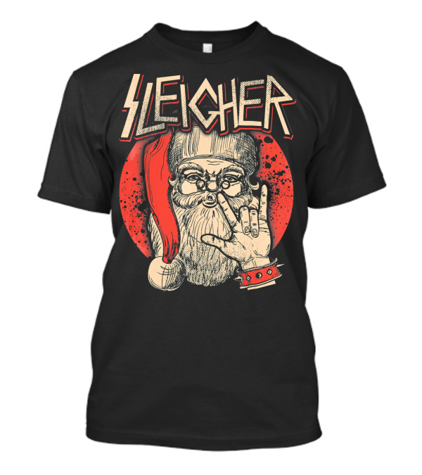 SLEIGHER Heavy Metal Music Santa Circle Red Santa Hat Hand Gesture T-Shirt