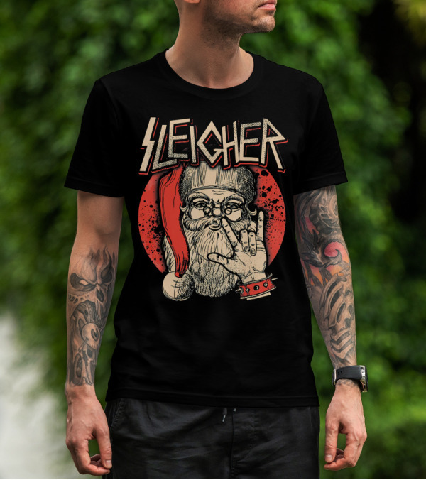 SLEIGHER Heavy Metal Music Santa Circle Red Santa Hat Hand Gesture T-Shirt