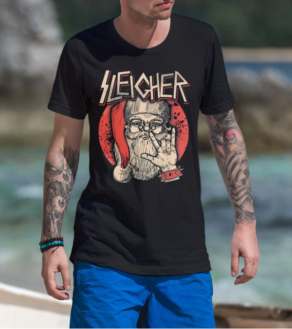 SLEIGHER Heavy Metal Music Santa Circle Red Santa Hat Hand Gesture T-Shirt